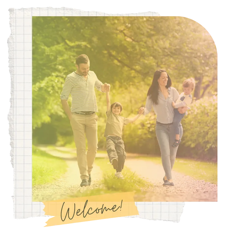 Parents and children walking together, representing Grate Adventures' mission to guide families through feeding challenges.