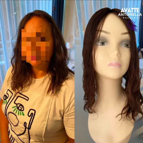 Peluca oncológica con ondas suaves en modelo real y maniquí – Avatte Antonella