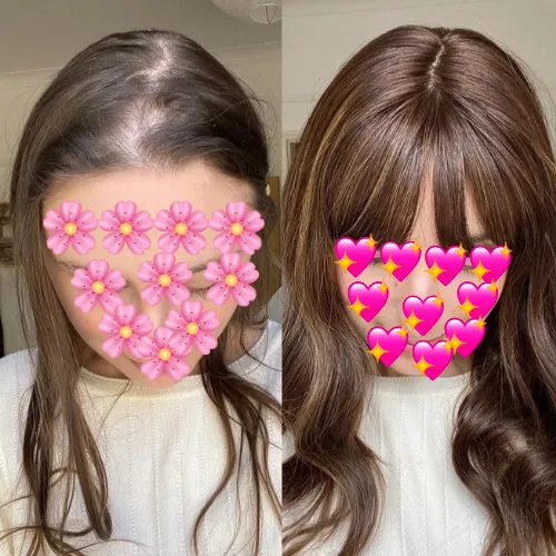 Transformación capilar femenina con peluca oncológica larga con flequillo – efecto natural