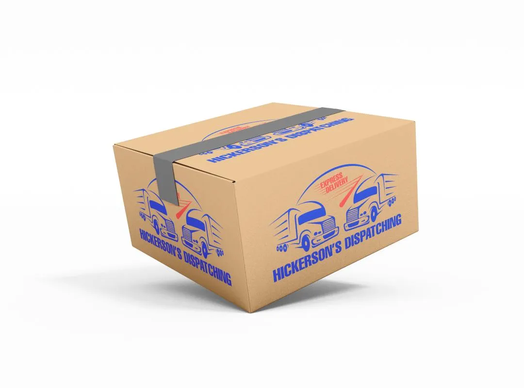 A cardboard box featuring a blue and white logo on its surface.