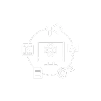 Simple white icon featuring a computer and additional tech items, illustrating a digital theme.