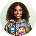 Portrait of a woman in a colorful hoodie smiling.