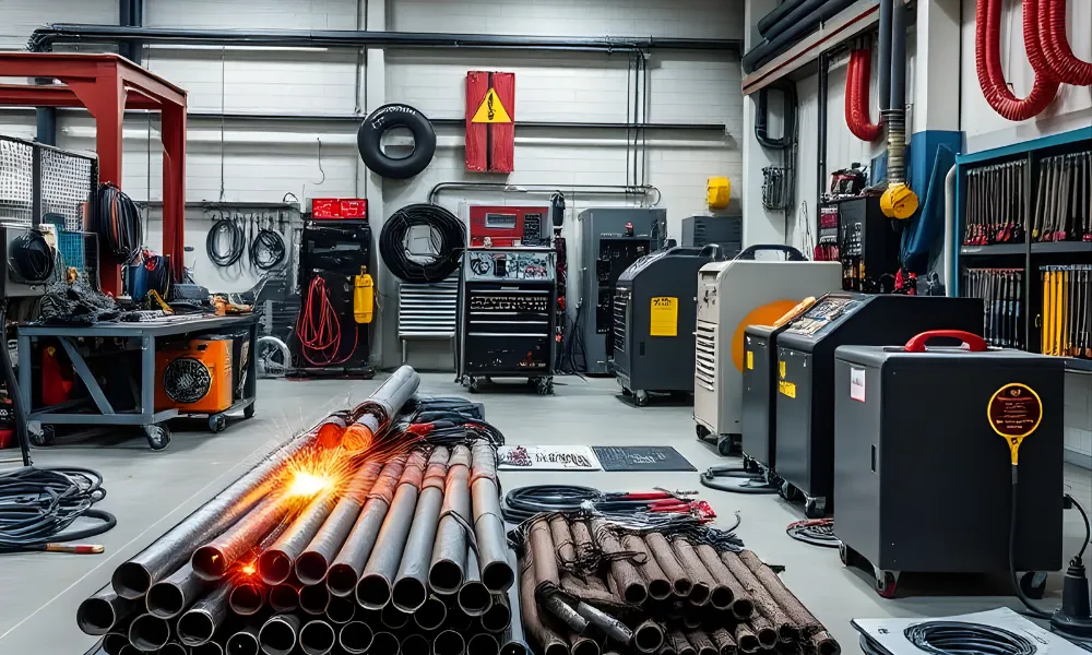 Organized welding workshop with tools and metal pipes.