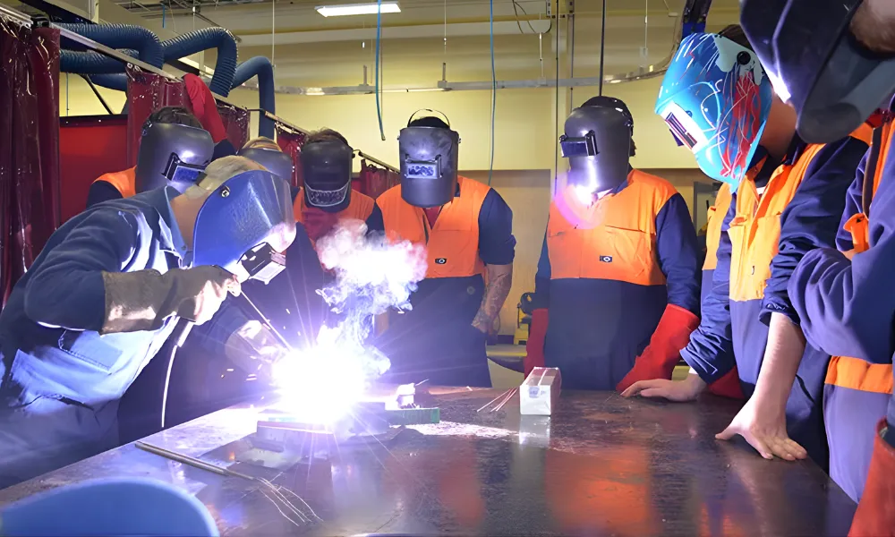 Welding instructor demonstrating to a group of trainees.