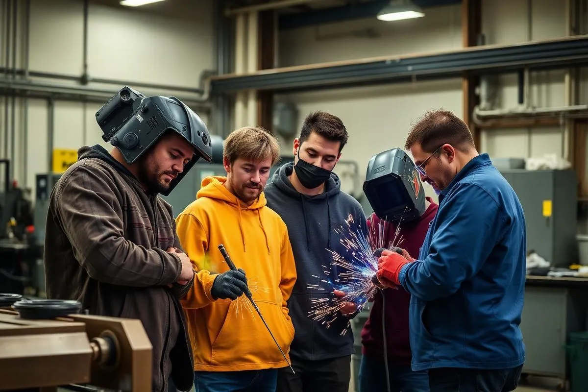 Group of students learning welding in a workshop.