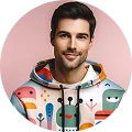 Portrait of a man in a colorful hoodie smiling.