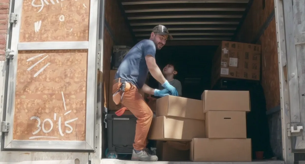 man wearing blue tank top pushing the hand truck with cardboard box
