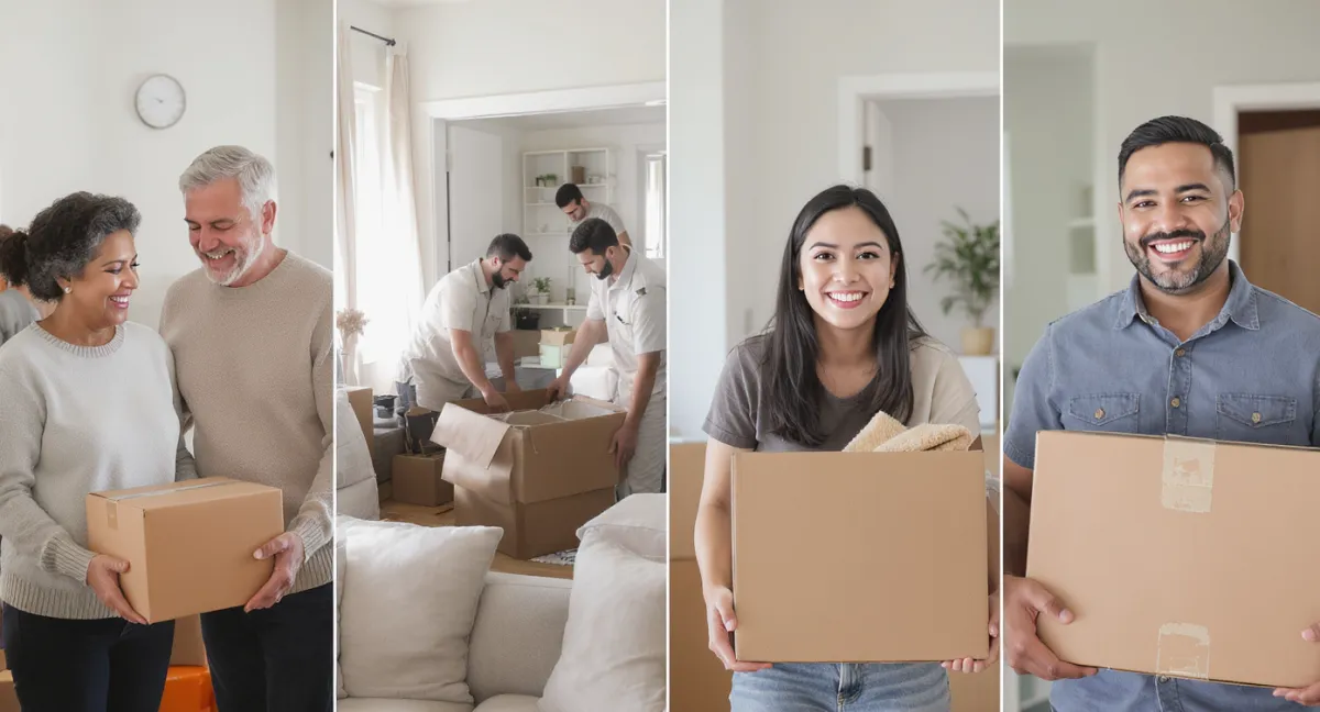 man wearing blue tank top pushing the hand truck with cardboard box