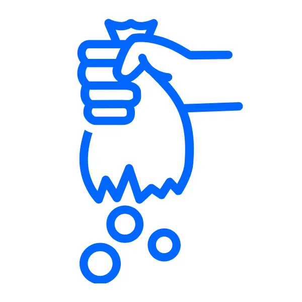 Icon of a bag with money falling out the bottom, a hand grasping the top