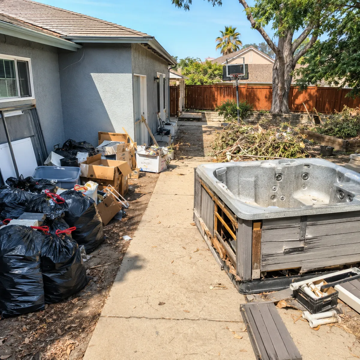 Whole property cleanout with outdoor debris in Fresno