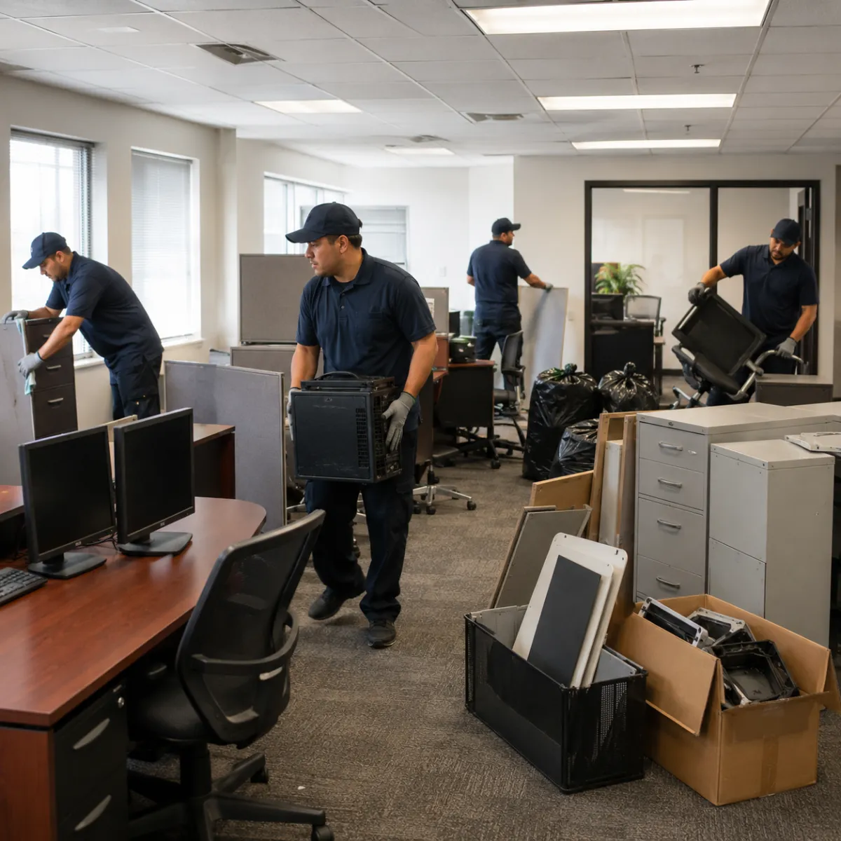 Office cleanout in Fresno with desks, chairs, and office junk being removed