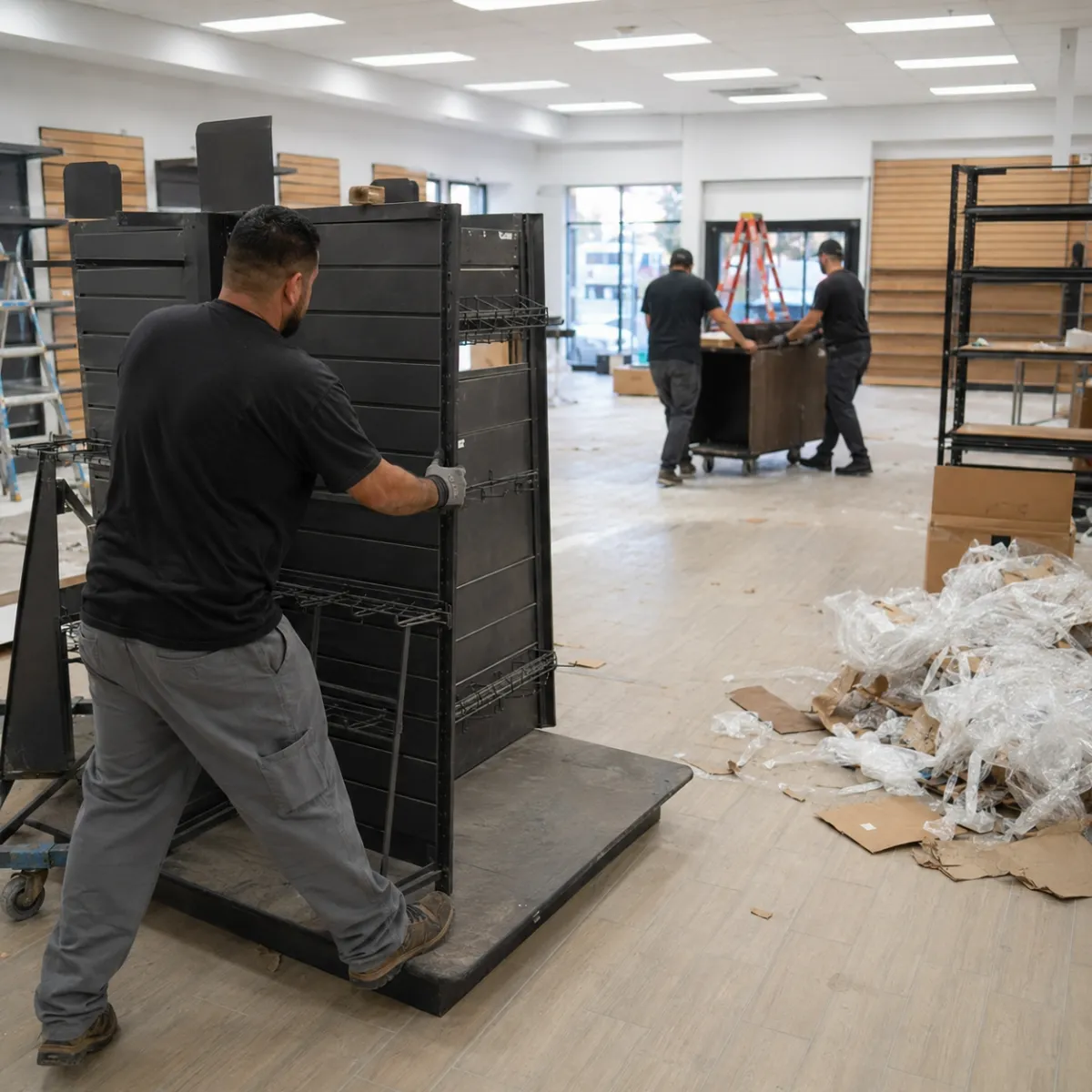 Retail fixture removal in Fresno with shelving and display racks being cleared out