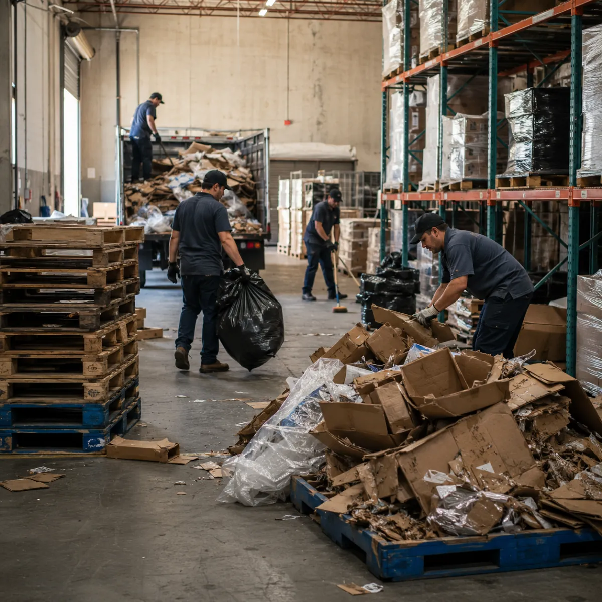 Warehouse cleanup in Fresno with pallets, packaging debris, and bulk junk