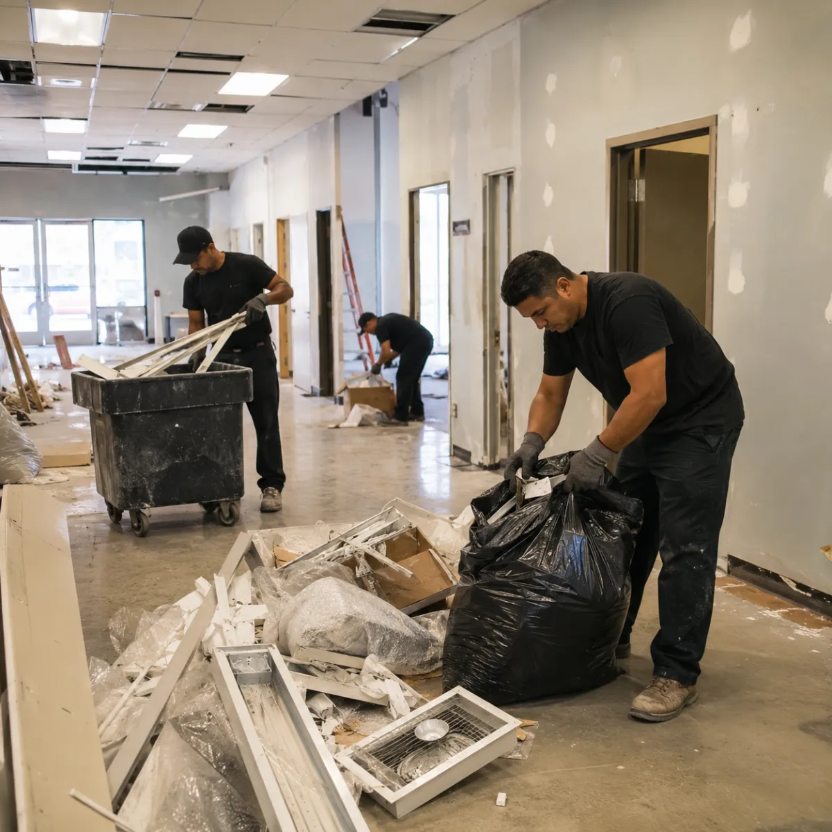 Commercial remodel cleanup in Fresno with light debris and old fixtures being removed