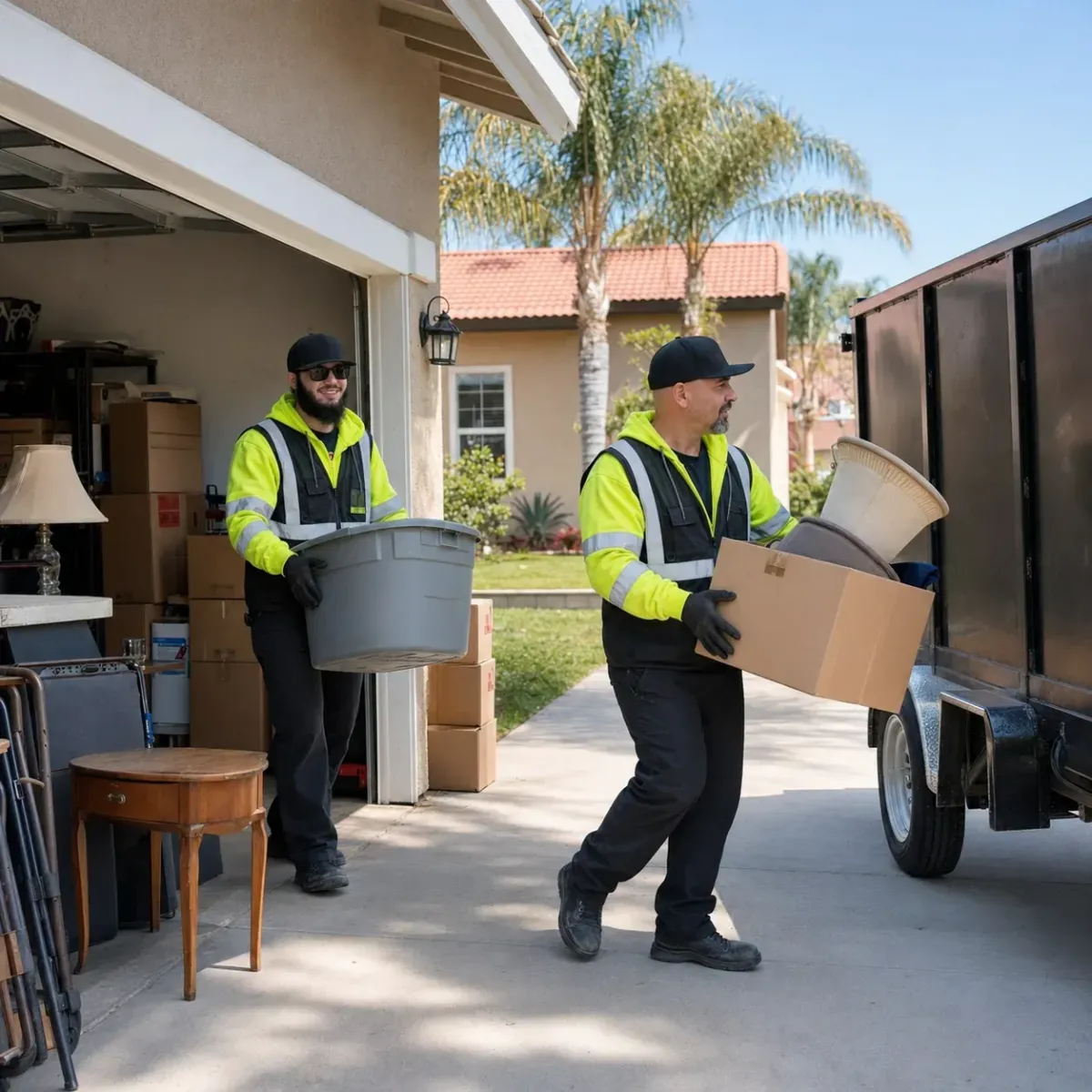 The Junk Men crew performing residential junk removal at a Fowler CA home