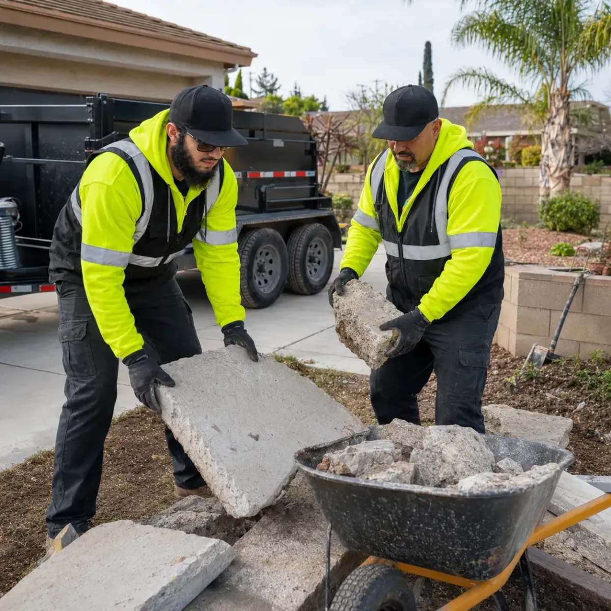 Broken concrete being removed from a residential property in Fowler CA