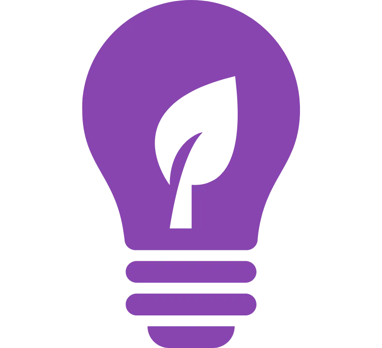 Purple Vector Icon of Lightbulb with Leaf Inside