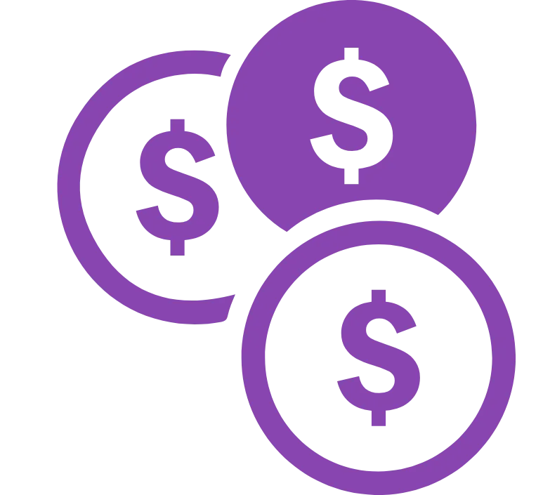 Purple Vector Image of 3 Coins with Dollar Sign Symbols