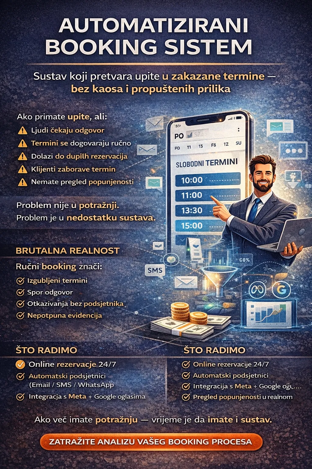 automatizirani booking sustav online booking sustav AI booking automatizacija automatizacija rezervacija sustav za online naručivanje termina digitalni booking sustav automatizirano zakazivanje termina CRM booking integracija automatizacija kalendara termina AI sustav za rezervacije booking sustav za uslužne djelatnosti booking sustav za salone i klinike online rezervacije za poslovanje automatske potvrde termina automatski podsjetnici za termine (SMS / email / WhatsApp) booking funnel automatizacija automatizacija no-show podsjetnika automatizacija ponovnog booking-a (rebooking) AI chatbot booking sustav lead-to-booking automatizacija booking sustav s naplatom online automatizacija rasporeda zaposlenika integracija booking sustava s CRM-om digitalni kalendar rezervacija booking landing page automatizirani follow-up nakon termina booking sustav za povećanje konverzije AI optimizacija termina automatsko upravljanje dostupnosti termina online booking za lokalni biznis automatizacija rezervacija za marketing funnel booking analytics i izvještavanje AI segmentacija klijenata po rezervacijama automatizacija upsell ponuda nakon booking-a booking sustav za povećanje prodaje automatizacija ponavljajućih rezervacija smart scheduling AI system