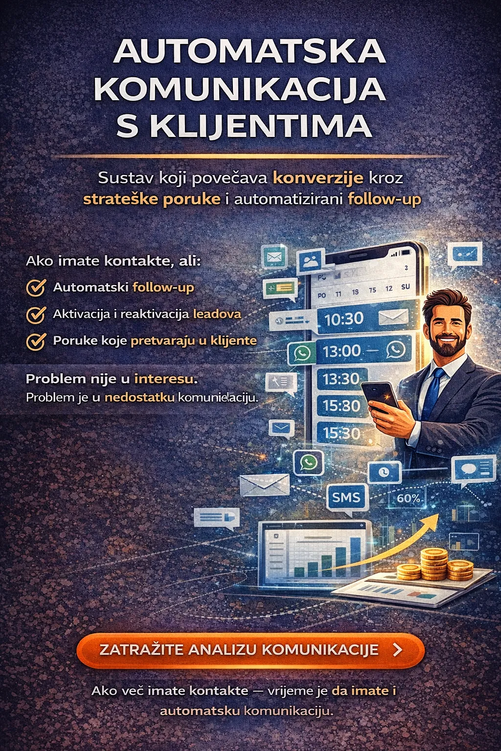 automatska komunikacija s klijentima automatizacija komunikacije s klijentima AI komunikacija s klijentima automatizirani follow-up sustav CRM komunikacijska automatizacija automatizirani email marketing sustav automatizirani SMS marketing automatizirani WhatsApp follow-up AI chatbot za komunikaciju s klijentima omnichannel komunikacija automatizacija automatizirani odgovori na upite AI customer support automatizacija automatizacija korisničke podrške lead nurturing automatizacija automatske notifikacije klijentima automatizacija onboarding komunikacije automatizacija prodajne komunikacije automatski podsjetnici klijentima AI personalizirana komunikacija automatizirana segmentacija komunikacije triggered messaging automatizacija automatski drip email kampanje follow-up sekvence automatizacija AI analiza komunikacije s klijentima automatizacija reaktivacije starih klijenata automatizacija ponuda i odgovora smart messaging sustav automatska komunikacija kroz CRM pipeline AI kvalifikacija leadova kroz komunikaciju automatizacija recenzija i feedback zahtjeva post-sale komunikacija automatizacija AI customer journey automatizacija komunikacija klijentima bez ručnog rada automatizacija multichannel marketing komunikacije automatski odgovori putem web chata