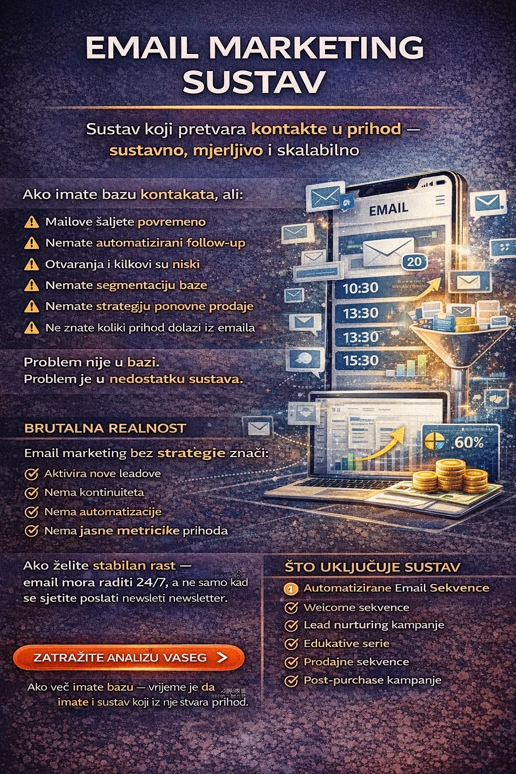 email marketing automatizirani email marketing AI email marketing email marketing automatizacija email kampanje za povećanje prodaje email marketing za B2B email marketing strategija prodajni email funnel drip email kampanje lead nurturing emailovi automatizirani follow-up emailovi AI personalizacija emailova CRM email marketing integracija newsletter marketing email sekvence za prodaju email onboarding sekvence email marketing za generiranje leadova automatski prodajni emailovi email remarketing kampanje AI segmentacija email liste email marketing workflow triggered email kampanje email marketing za lokalni biznis high-converting email copy email marketing automatizirani funnel AI analiza email performansi optimizacija open rate i CTR A/B testiranje email kampanja email marketing dashboard i analytics transakcijski emailovi automatizacija follow-up email nakon booking-a email marketing za reaktivaciju klijenata AI prediktivni email marketing email marketing za povećanje konverzije automatske ponude putem emaila behavior-based email marketing multichannel email automatizacija AI email prodajni sustav