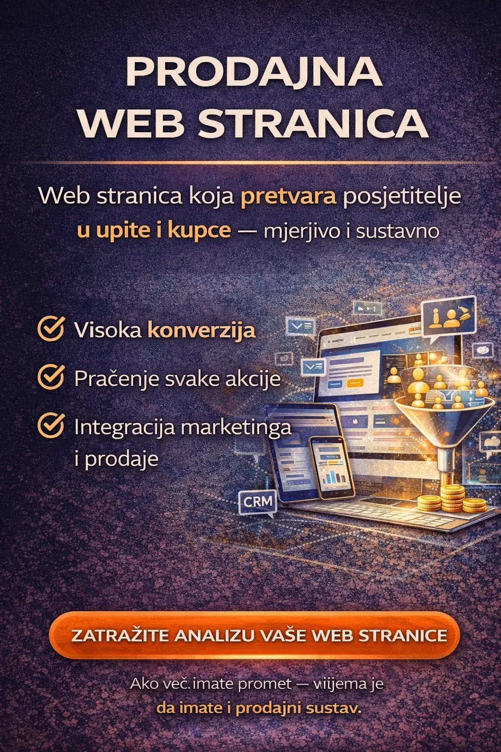 izrada prodajne web stranice izrada prodajne landing stranice profesionalna prodajna web stranica high-converting web stranica izrada sales page stranice izrada landing page za prodaju optimizirana prodajna web stranica web stranica za generiranje leadova prodajni funnel web stranica AI izrada web stranice web stranica za povećanje konverzije digitalna prodajna platforma izrada marketing web stranice UX/UI optimizacija prodajne stranice copywriting za prodajne stranice SEO optimizirana prodajna stranica responsive prodajna web stranica mobilna optimizacija landing page web stranica s CRM integracijom web stranica s booking sustavom web stranica s automatizacijom prodaje prodajna web stranica za B2B prodajna web stranica za uslužne djelatnosti izrada funnel stranica AI dizajn landing page high ticket sales page izrada call-to-action optimizacija optimizacija prodajnog lijevka web stranica za digitalni marketing brza prodajna stranica (fast loading) analitika i tracking konverzija integracija Meta i Google pixel AI personalizirana web stranica prodajna web stranica s email integracijom web stranica za online rezervacije prodajna web stranica s automatiziranim follow-upom
