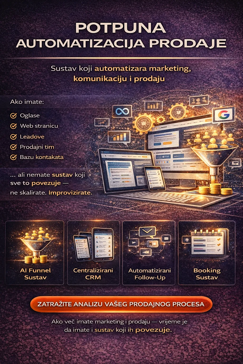 potpuna automatizacija prodaje, automatizacija prodaje, automatizirani prodajni sustav, digitalna automatizacija prodaje, automatizacija marketinga i prodaje, crm sustav za prodaju, prodajni crm sustav, centralizirani crm, automatizirani follow up, automatizirani follow-up sustav, automatizacija leadova, lead management sustav, sales automation, marketing automation, sales funnel automatizacija, prodajni funnel sustav, konverzijski funnel, automatizirani prodajni proces, digitalni prodajni sustav, ai prodajni sustav, ai automatizacija prodaje, automatizacija poslovanja, skaliranje prodaje, skaliranje biznisa, sustav za generiranje leadova, upravljanje leadovima, lead nurturing sustav, automatizirani booking sustav, online booking integracija, crm integracija s oglasima, meta i google integracija, praćenje konverzija, dashboard za prodaju, praćenje roi-a, analiza prodajnog procesa, optimizacija prodajnog procesa, digitalni prodajni pipeline, pipeline upravljanje, b2b automatizacija prodaje, high ticket sales automation, prodajni sustav za b2b, automatizacija prodajnog tima, automatizacija rada prodajnih predstavnika, sustav za povećanje konverzije, automatizacija komunikacije s klijentima, email automatizacija, sms automatizacija, whatsapp automatizacija, retargeting automatizacija, automatizacija kampanja, digitalna transformacija prodaje, softver za automatizaciju prodaje, alat za automatizaciju prodaje, gohighlevel automatizacija, ghl crm sustav, crm za male tvrtke, crm za b2b tvrtke, prodajni sustav za uslužne djelatnosti, automatizacija prodaje hrvatska, crm sustav hrvatska, automatizacija marketinga hrvatska, digitalna agencija automatizacija, povećanje prodaje kroz automatizaciju, kako automatizirati prodaju, kako povećati konverziju prodaje, kako skalirati prodaju, sustav za predvidljiv prihod, automatizirani sustav za generiranje klijenata, online sustav za prodaju, digitalni sustav za rast poslovanja