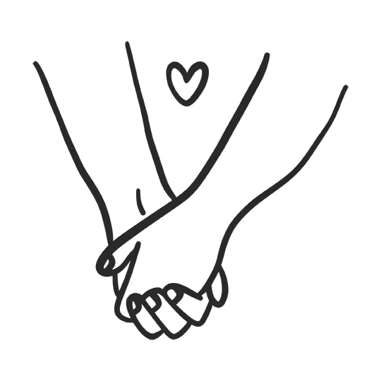 Line illustration of two hands holding, with a small heart floating above them.