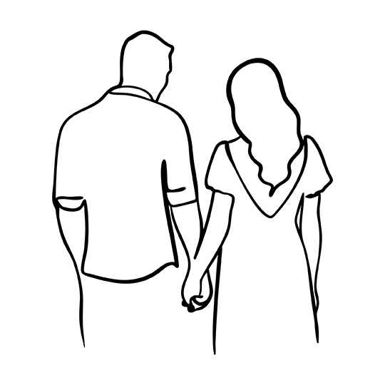 Line illustration of a couple seen from behind, standing close and holding hands.