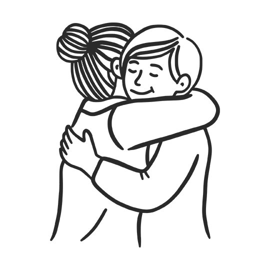 Line illustration of two people embracing in a warm, full hug.