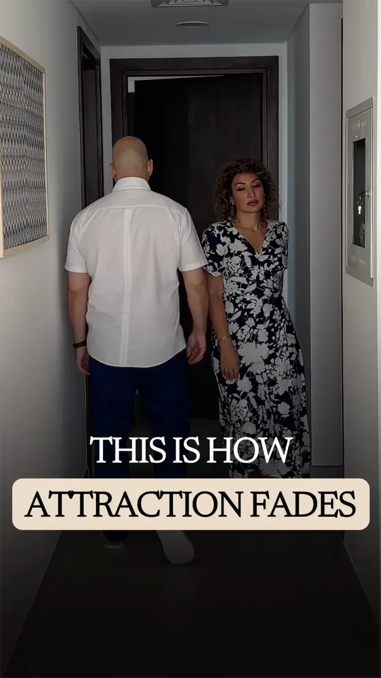 Ramy and Fatima passing each other in a hallway, moving in opposite directions, no eye contact between them.