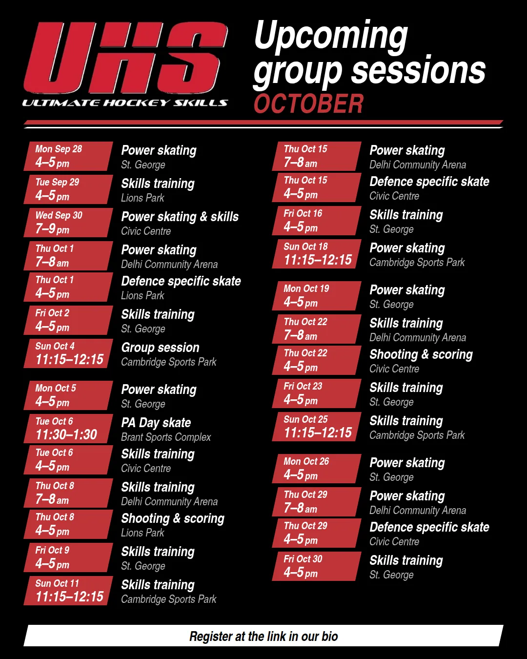UHS October group skate schedule: power skating, skills training, defence-specific skates and shooting and scoring at St. George, Lions Park, Civic Centre, Delhi Community Arena, Cambridge Sports Park and Brant Sports Complex