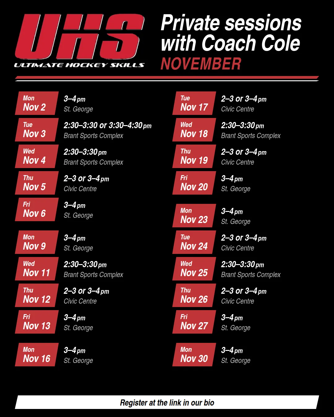 UHS November private hockey training sessions with Coach Cole Thiessen at St. George, Civic Centre and Brant Sports Complex