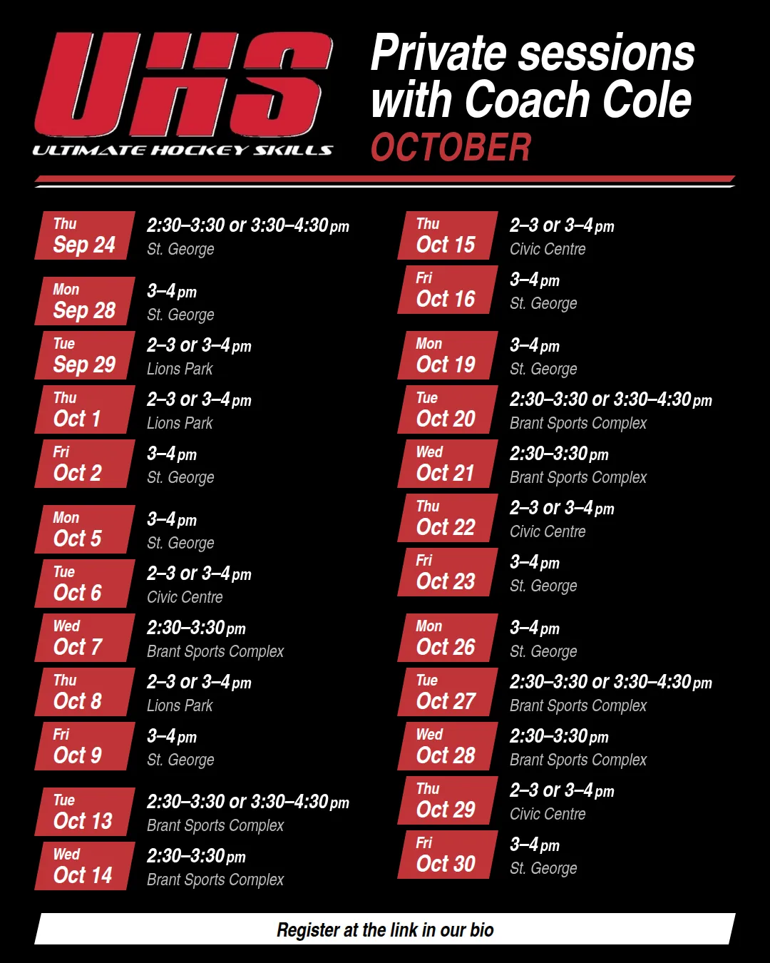 UHS October private hockey training sessions with Coach Cole Thiessen at St. George, Lions Park, Civic Centre and Brant Sports Complex