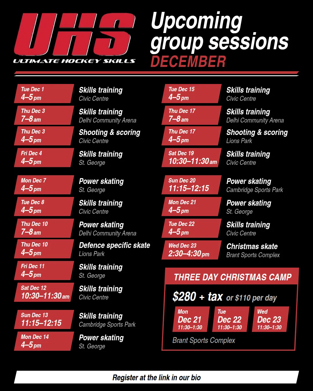 UHS December group skate schedule: skills training, power skating and shooting and scoring at Civic Centre, Delhi Community Arena, St. George, Lions Park and Cambridge Sports Park