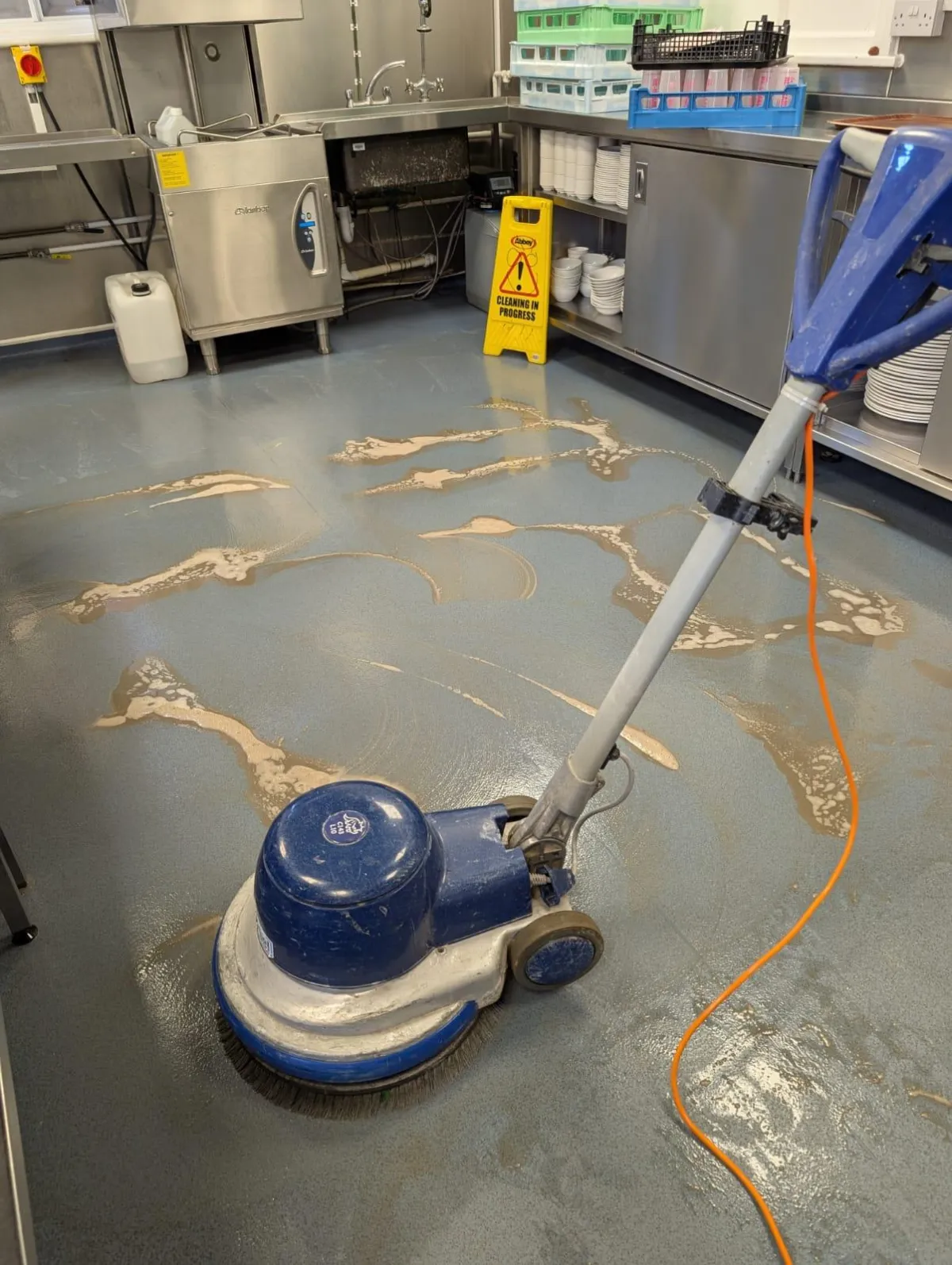 Commercial kitchen floor being cleaned in North Yorkshire