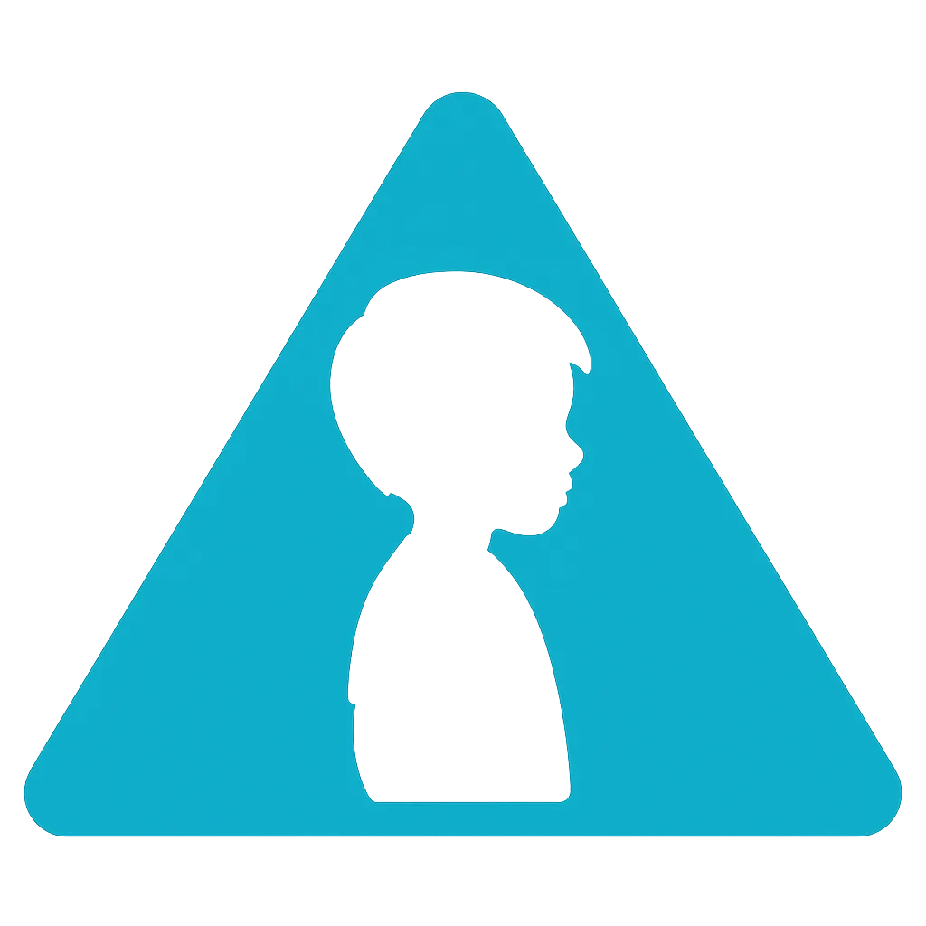 Teal icon of a child silhouette inside a triangle representing missing children and the call to rescue and care