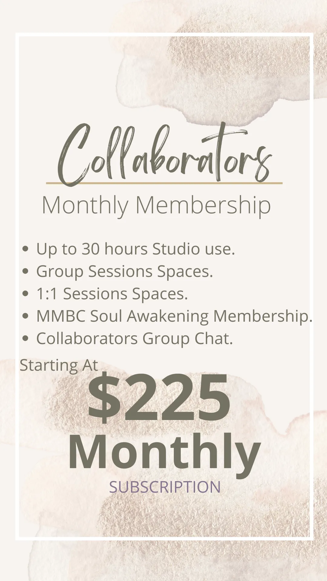 Overview of Collaborators Membership benefits at My Mind and Body Collective, highlighting access to studio spaces and resources