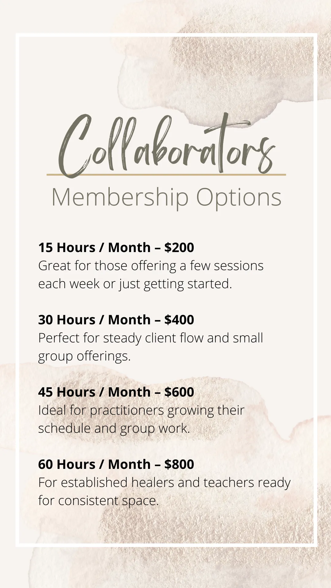 Overview of Collaborators Membership benefits at My Mind and Body Collective, highlighting access to studio spaces and resources