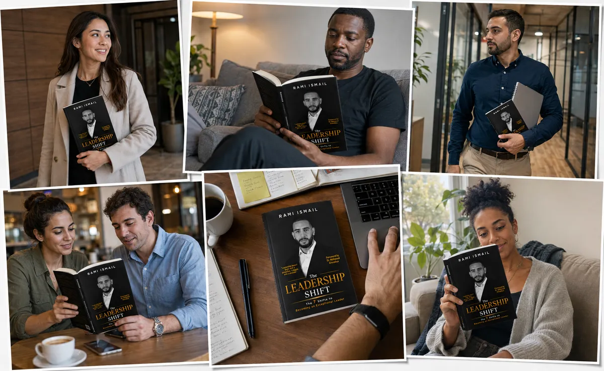 Illustrative collage featuring professionals with The Leadership Shift book