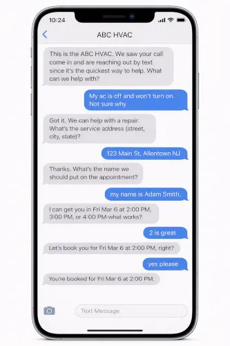 Example text conversation after a missed HVAC service call