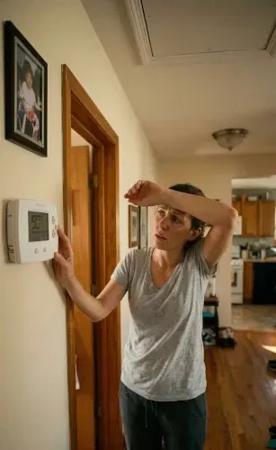 Homeowner checking thermostat during no-cooling HVAC problem