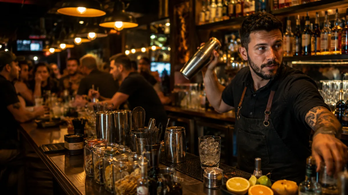 Bartender trabajando con control total en una barra llena