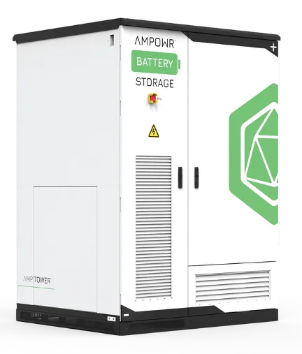 Large-scale commercial battery array in an industrial warehouse, with safety signage and visible cabling. 3:2 aspect ratio.