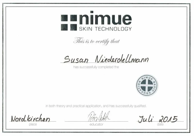 Zertifikat von Frau Susan Niederdellmann im Bereich Nimue Skin Technology