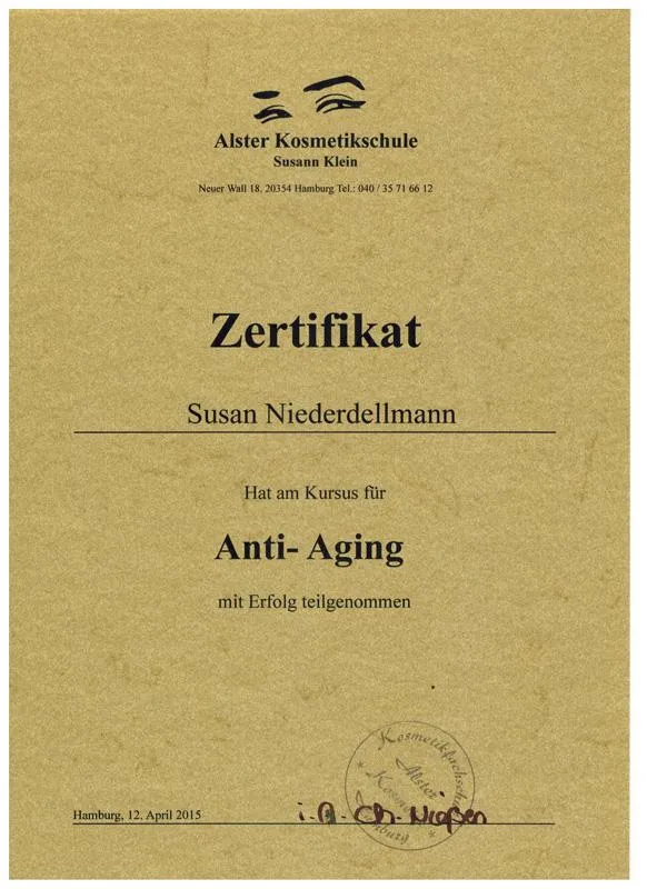 Zertifikat von Susan Niederdellmann für den Bereich Anti Aging und eine schönere Haut