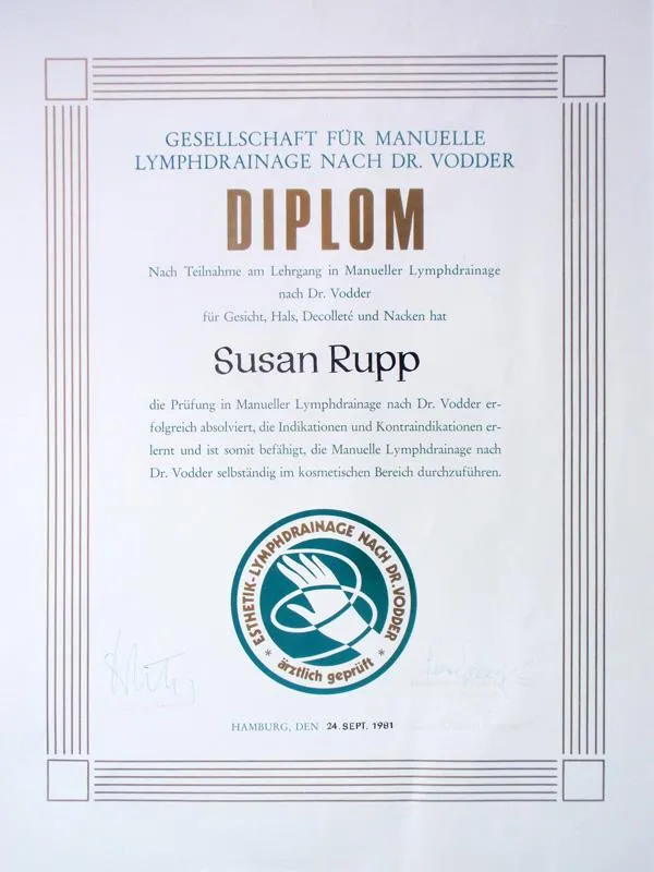 Susan Niederdellmann, Dipom-Zertifikatfür den Fachbereich manuelle Lymphdrainage