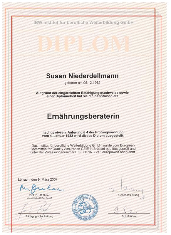 Zertifikat von Susan Niederdellmann, Auszeichnung als Ernährungsberaterin.