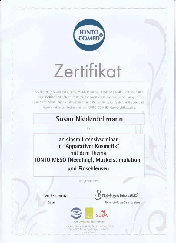 Zertifikat von Susan Niederdellmann für Apparative Kosmetik, Muskeltstimulation