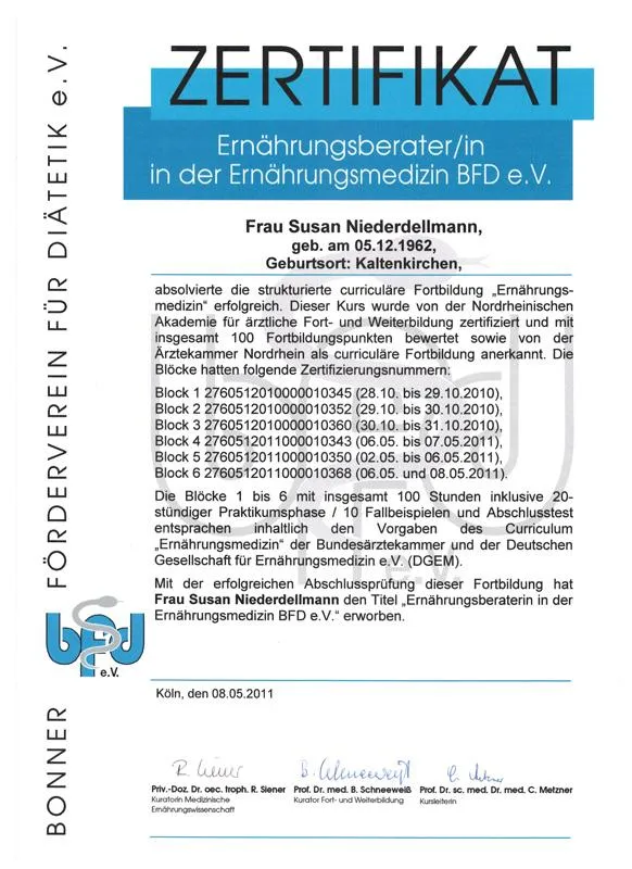 Zertifikat von Frau Susan Niederdellmann im Bereich Ernährungsmedizin